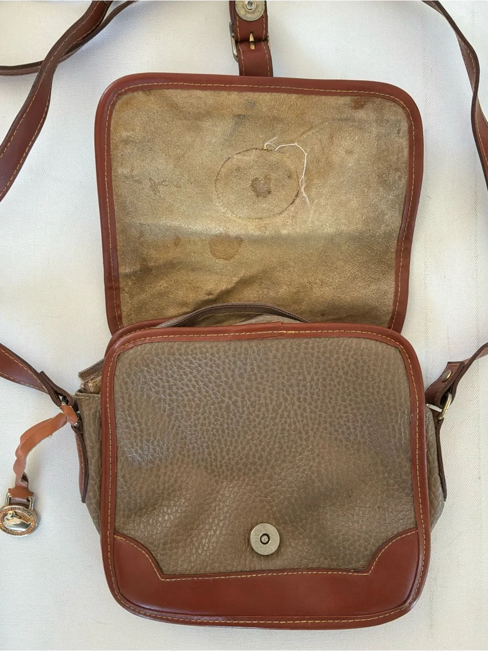 Vintage Dooney & Bourke Leather AWL Taupe & British Tan Crossbody Shoulder Bag